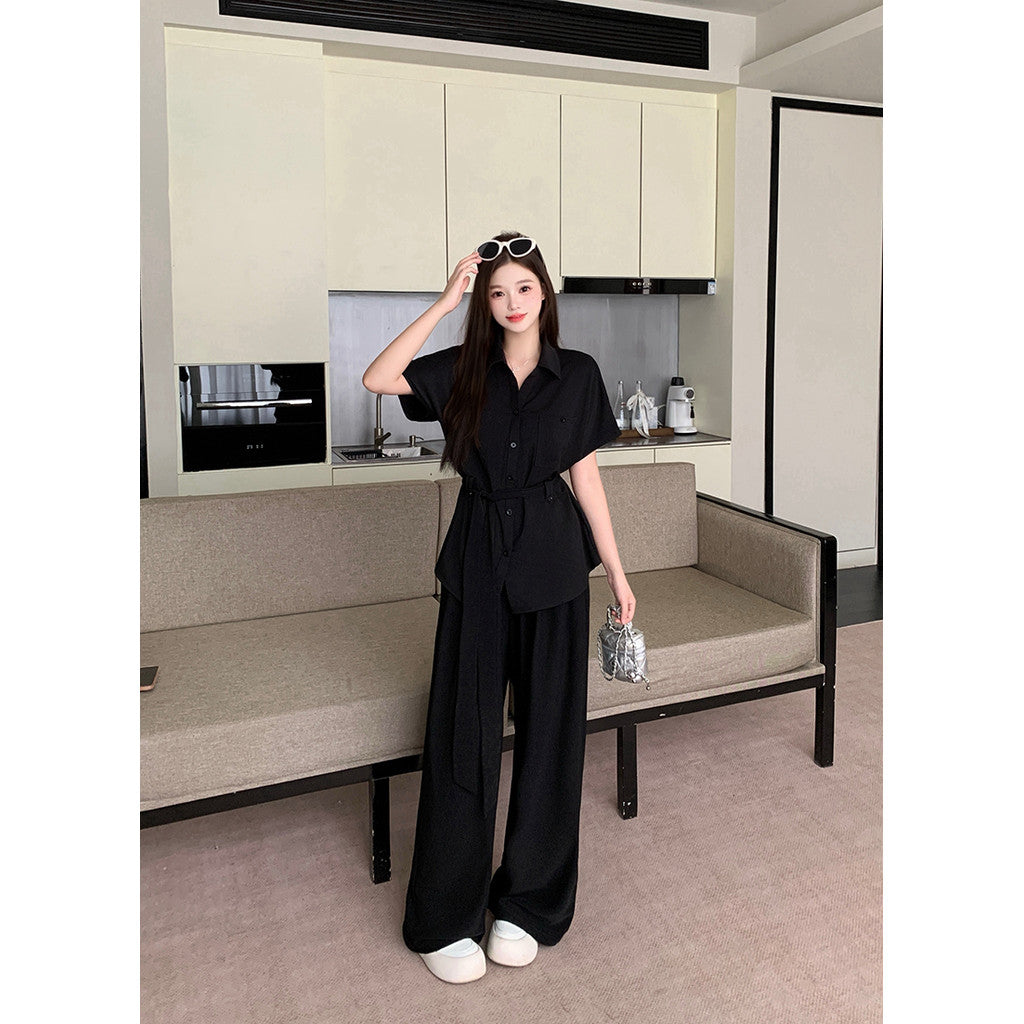 22348L_夏天裝新款胖mm大碼女優雅氣質綁帶收腰襯衫上衣闊腿褲套裝