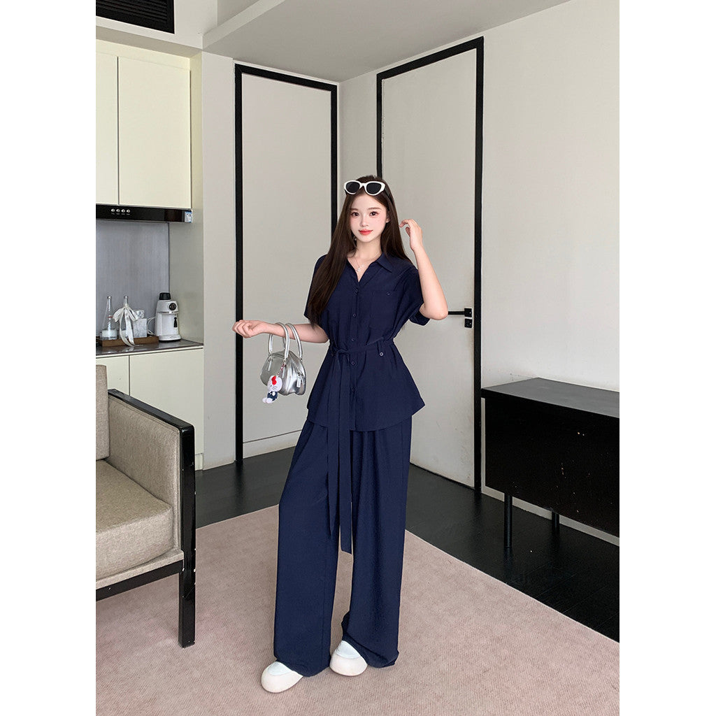 22348L_夏天裝新款胖mm大碼女優雅氣質綁帶收腰襯衫上衣闊腿褲套裝