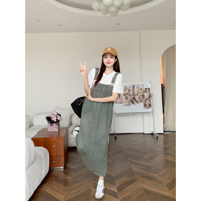 9126L_大碼女裝2024夏季新款復古牛仔揹帶裙+T恤兩件套胖mm時尚顯瘦套裝