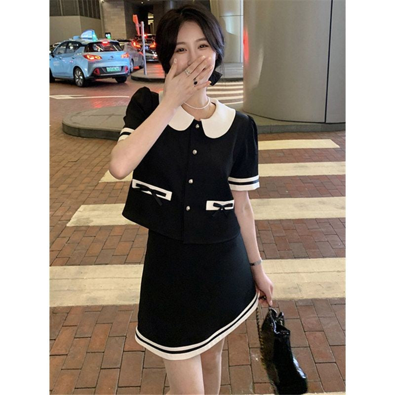 YZ1526L_大碼女裝夏季新款胖mm韓版小眾學院風上衣高腰顯瘦半身裙兩件套裝