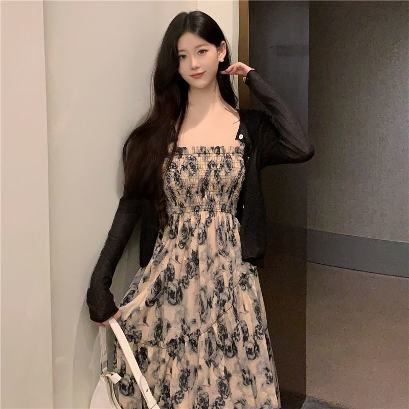 A1767L_法式茶歇連衣裙吊帶裙女夏季新款胖MM收腰顯瘦遮肉玫瑰碎花長裙子