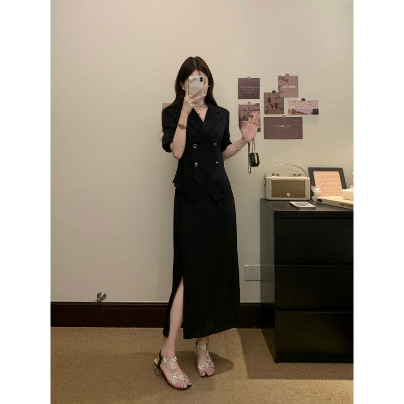 A8573L_微胖顯瘦時尚職場定製套裝大碼氣質女裝夏季新款短袖半身裙