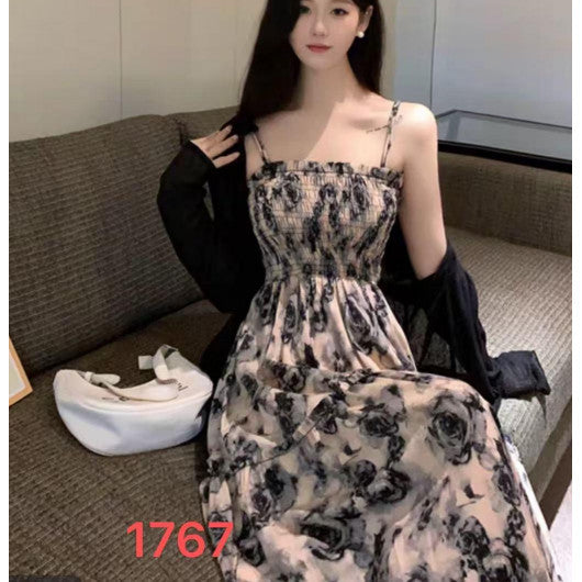 A1767L_法式茶歇連衣裙吊帶裙女夏季新款胖MM收腰顯瘦遮肉玫瑰碎花長裙子