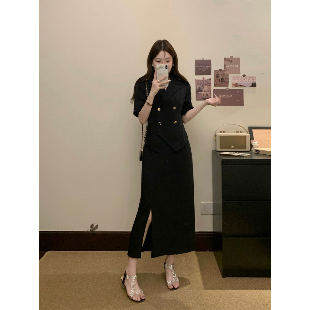 A8573L_微胖顯瘦時尚職場定製套裝大碼氣質女裝夏季新款短袖半身裙