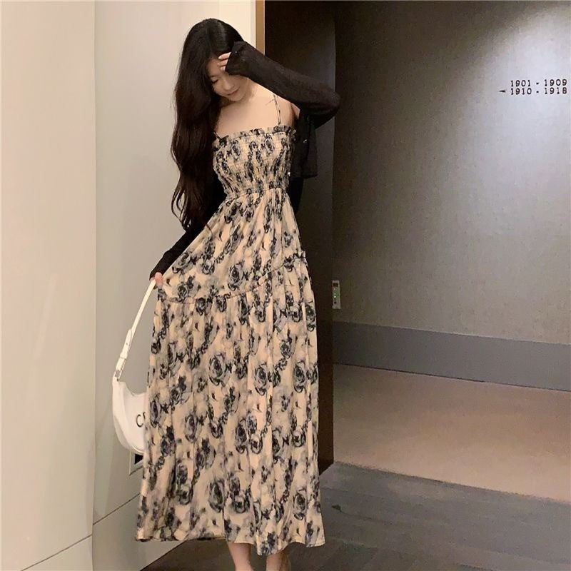 A1767L_法式茶歇連衣裙吊帶裙女夏季新款胖MM收腰顯瘦遮肉玫瑰碎花長裙子