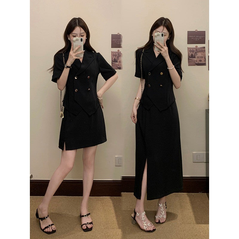 A8573L_微胖顯瘦時尚職場定製套裝大碼氣質女裝夏季新款短袖半身裙