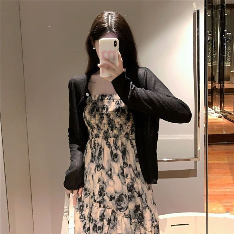 A1767L_法式茶歇連衣裙吊帶裙女夏季新款胖MM收腰顯瘦遮肉玫瑰碎花長裙子
