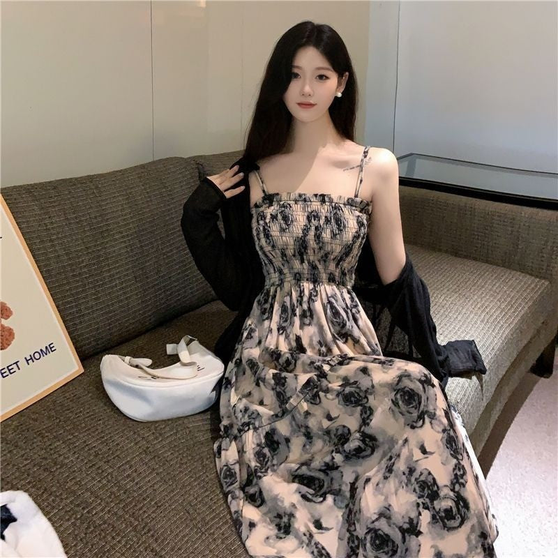 A1767L_法式茶歇連衣裙吊帶裙女夏季新款胖MM收腰顯瘦遮肉玫瑰碎花長裙子