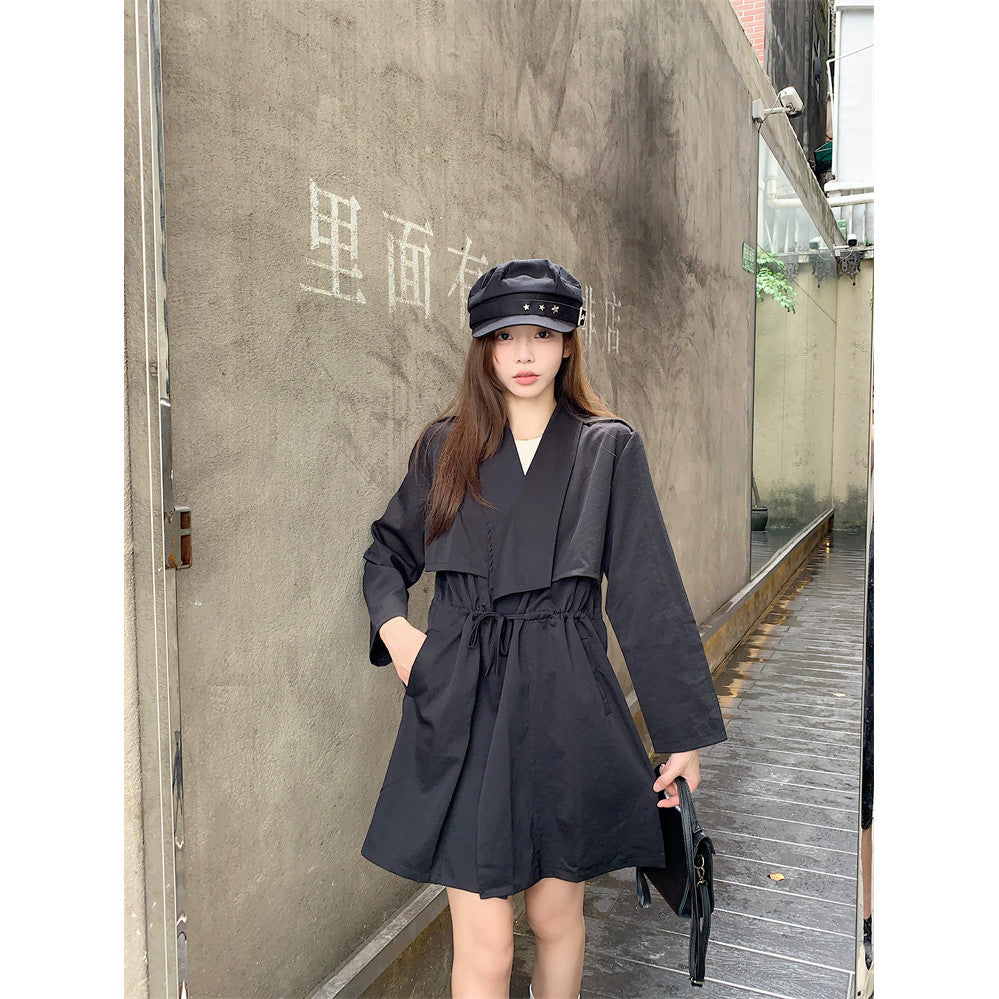 66289L-大碼抽繩休閒風衣外套女中長款百搭秋季外套女
