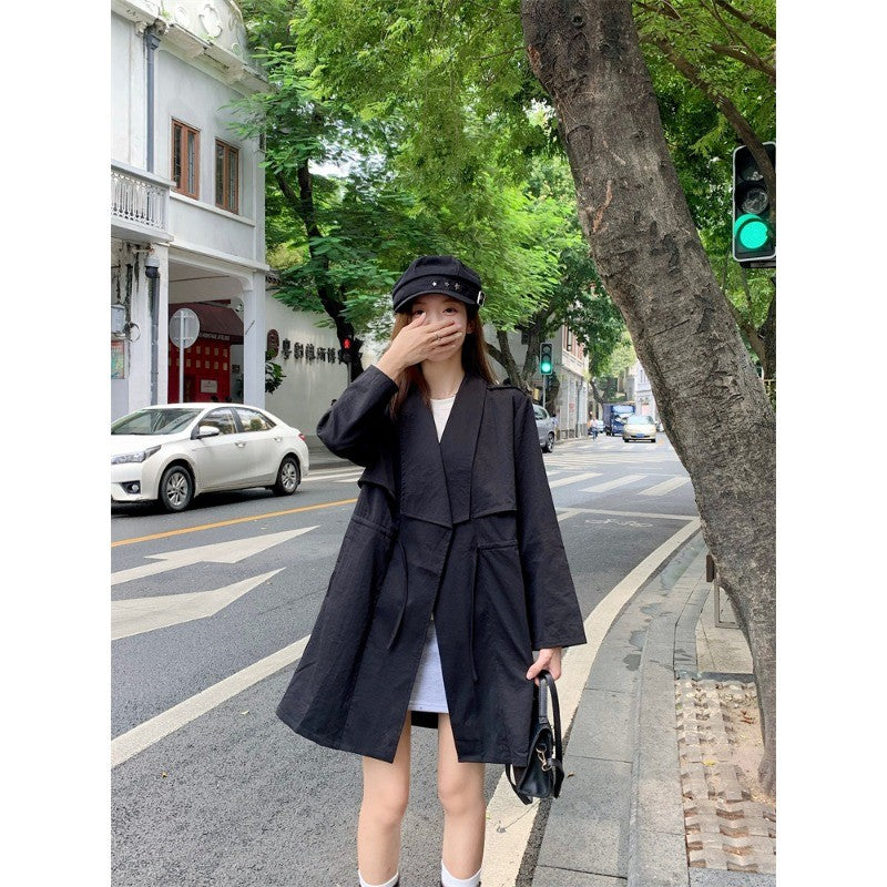 66289L-大碼抽繩休閒風衣外套女中長款百搭秋季外套女