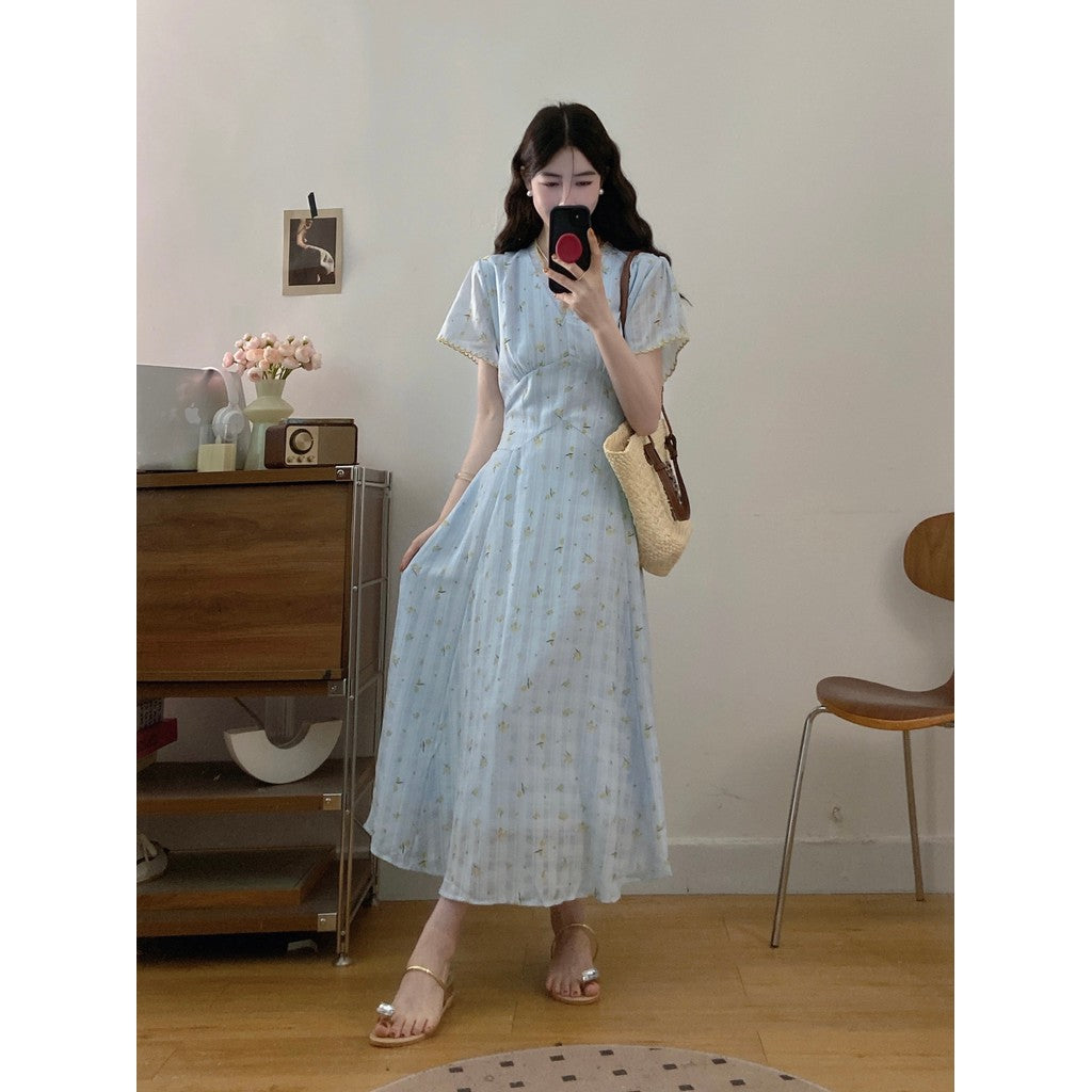8687L_大碼法式茶歇時尚V領連衣裙女2025新款綁帶收腰顯瘦長款裙子