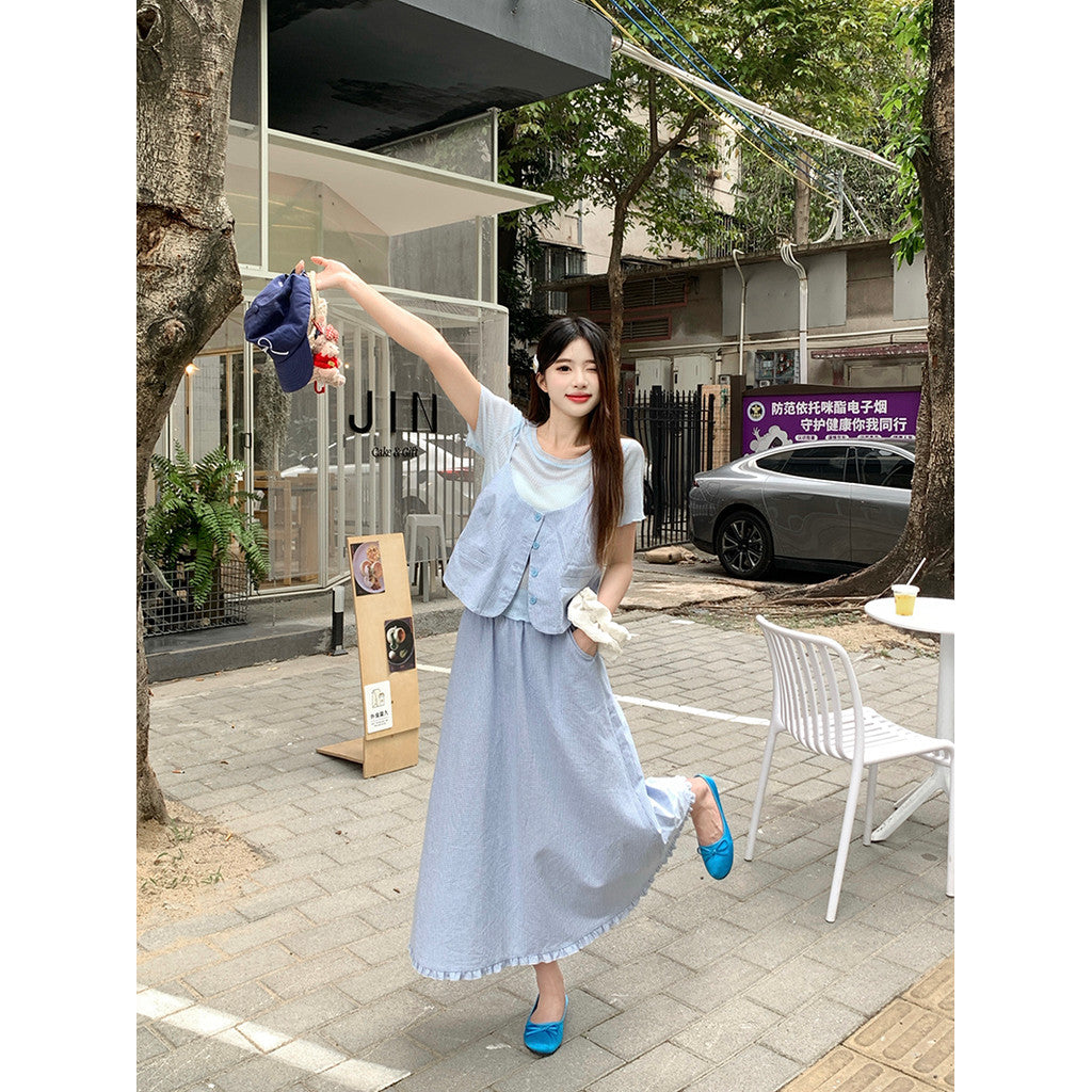 21778L_夏裝新款胖mm大碼女鹽甜系穿搭吊帶短袖半身裙三件套