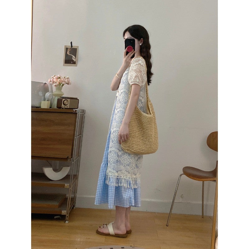 9733L_大碼 新款設計感法式甜美小清新鏤空長款蕾絲罩衫+吊帶裙套裝