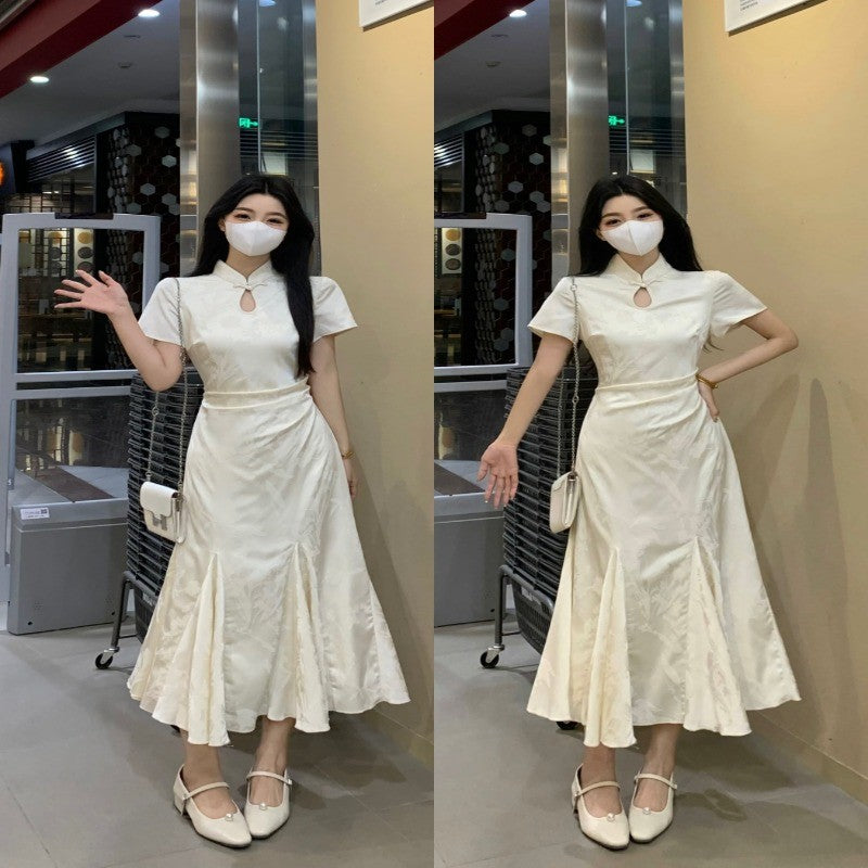 8560L_大碼女裝新中式提花旗袍魚尾裙擺氣質國風連衣裙