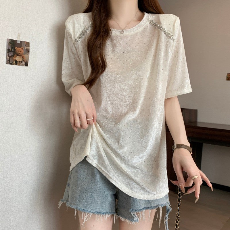 A1118L_大碼純色閃閃亮片重工短袖女胖MM顯瘦遮肉上衣