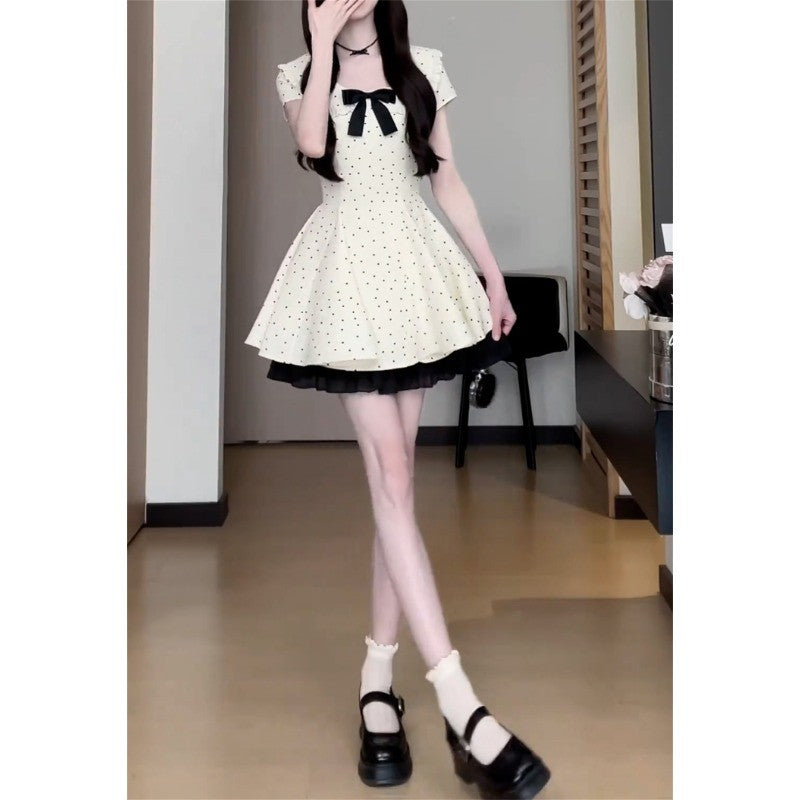 C6L54854L_法式氣質蝴蝶結波點連衣裙子女夏季2025新款小個子顯瘦收腰a字裙