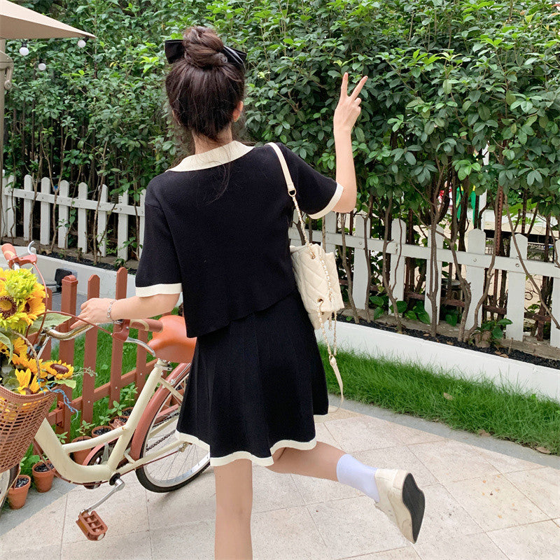 B3106L_大码女装夏季胖妹妹小香风针织短袖胖mm套装上衣百褶半身裙