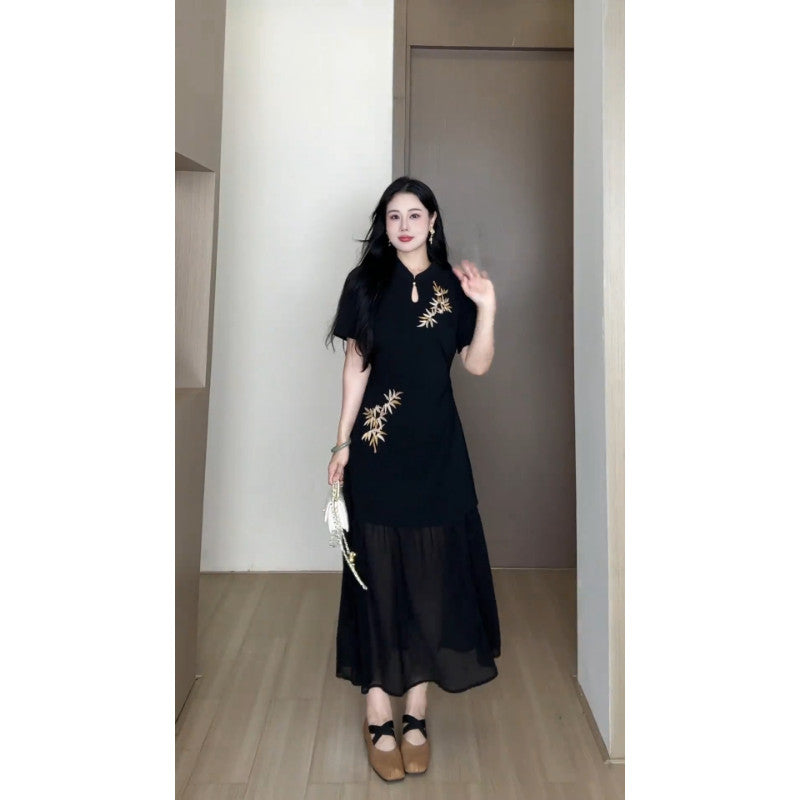 A1908L_墨色竹影蛋妹大碼女裝微胖夏季新中式時尚旗袍連衣裙