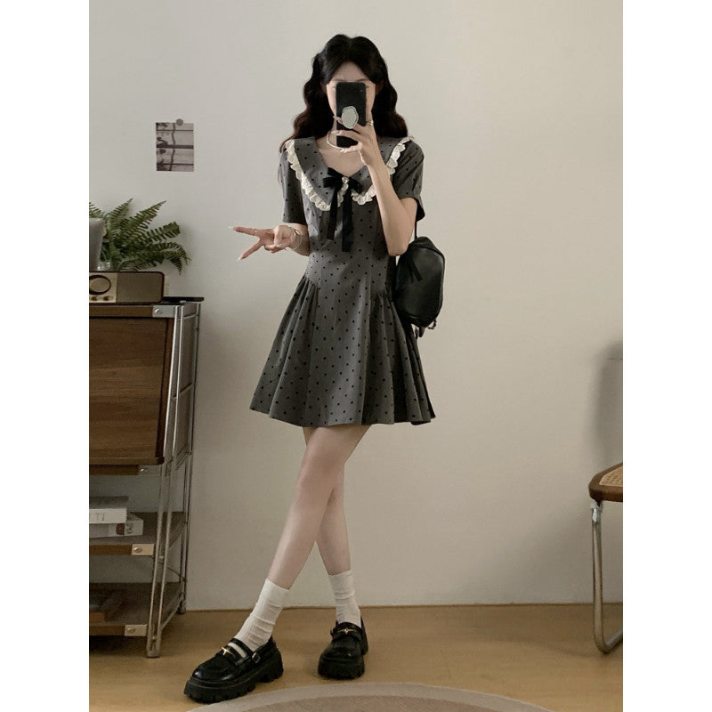 A9186L_大碼女裝法式減齡娃娃領短款波點連衣裙胖MM顯瘦甜美裙子