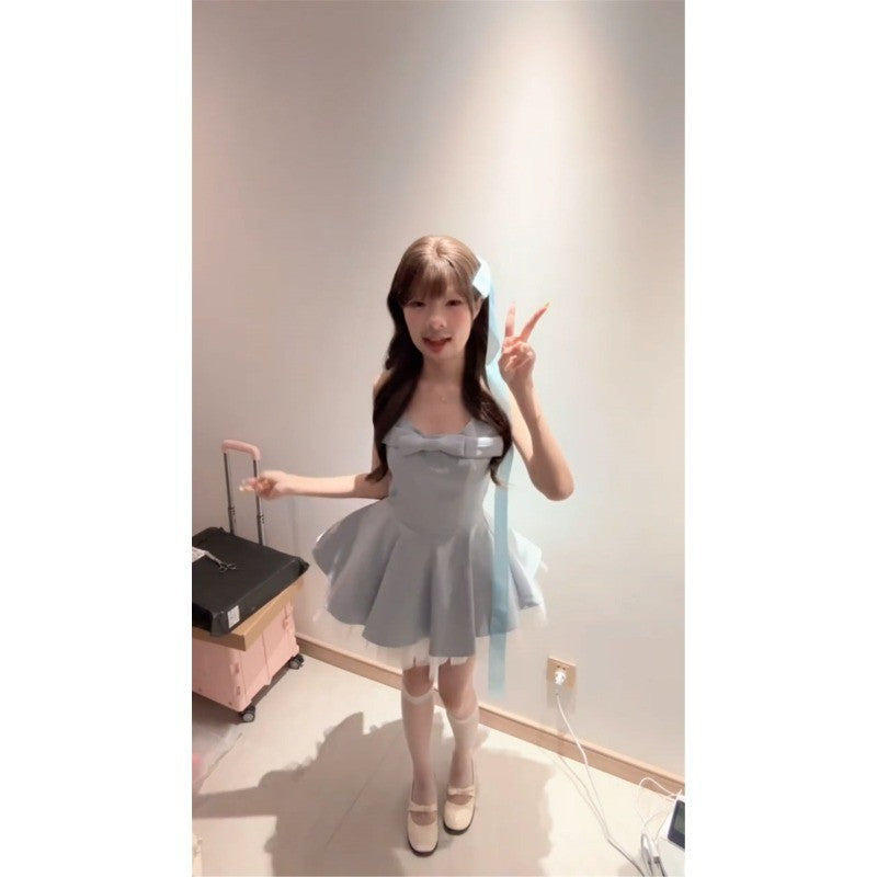 C6L54909L_新款夏季絕美藍色吊帶連衣裙子女高級感掐腰生日禮服蓬蓬短裙