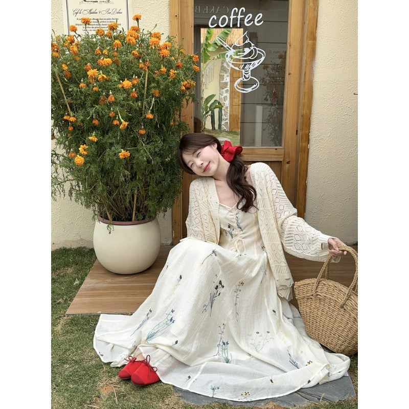 3299L_新款南枝杏調連衣裙女褶皺感水草花復古刺繡長裙