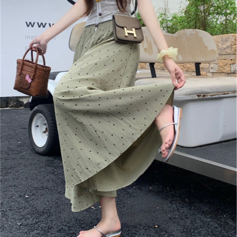 99280L_大碼新款秋季溫柔風波點長褲女簡約顯瘦百搭休閒遮胯闊腿褲子