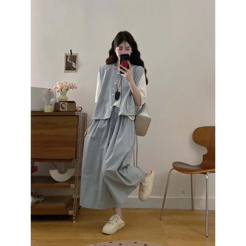 8652L_大碼韓版時尚顯瘦無袖疊穿馬甲休閒通勤百搭褲裙內搭三件套