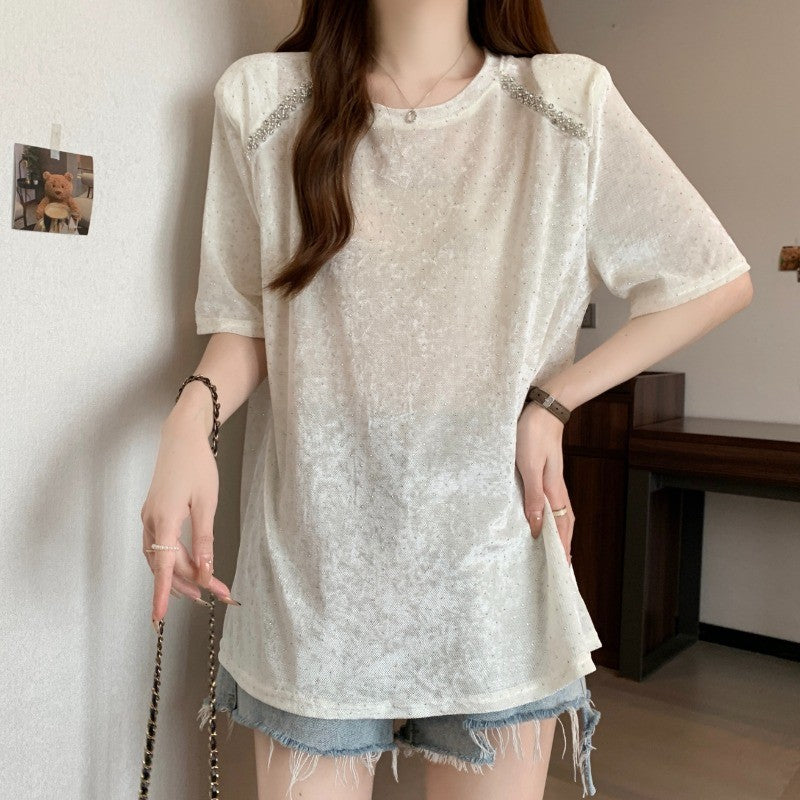 A1118L_大碼純色閃閃亮片重工短袖女胖MM顯瘦遮肉上衣