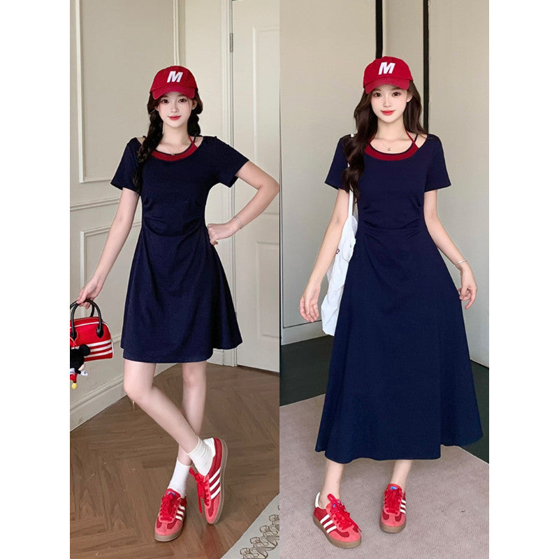22813L_夏裝新款胖mm大碼女休閒氣質假兩件長短款修身顯瘦連衣裙