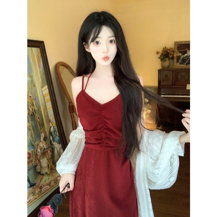 A6877L_大碼女裝胖mm法式性感顯瘦酒紅色玫瑰吊帶連衣裙蕾絲開衫兩件套裙