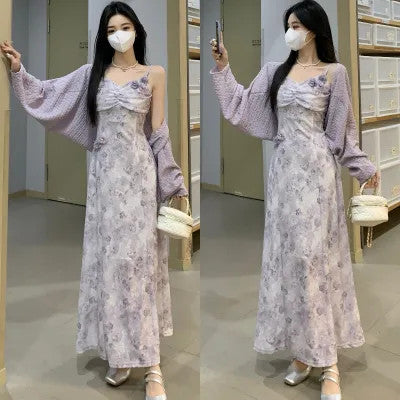 B1039L_ 夏新款重工高級感暈染紫色立體花朵吊帶連衣裙肌理開衫套裝