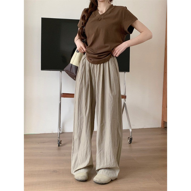 66069L_闊腿褲女夏季速乾薄款空調褲高腰休閒慵懶風直筒褲