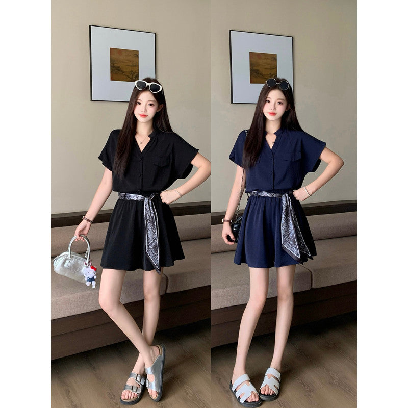 22525L_夏裝新款胖mm大碼女氣質時尚v領短袖小衫飄帶短褲套裝