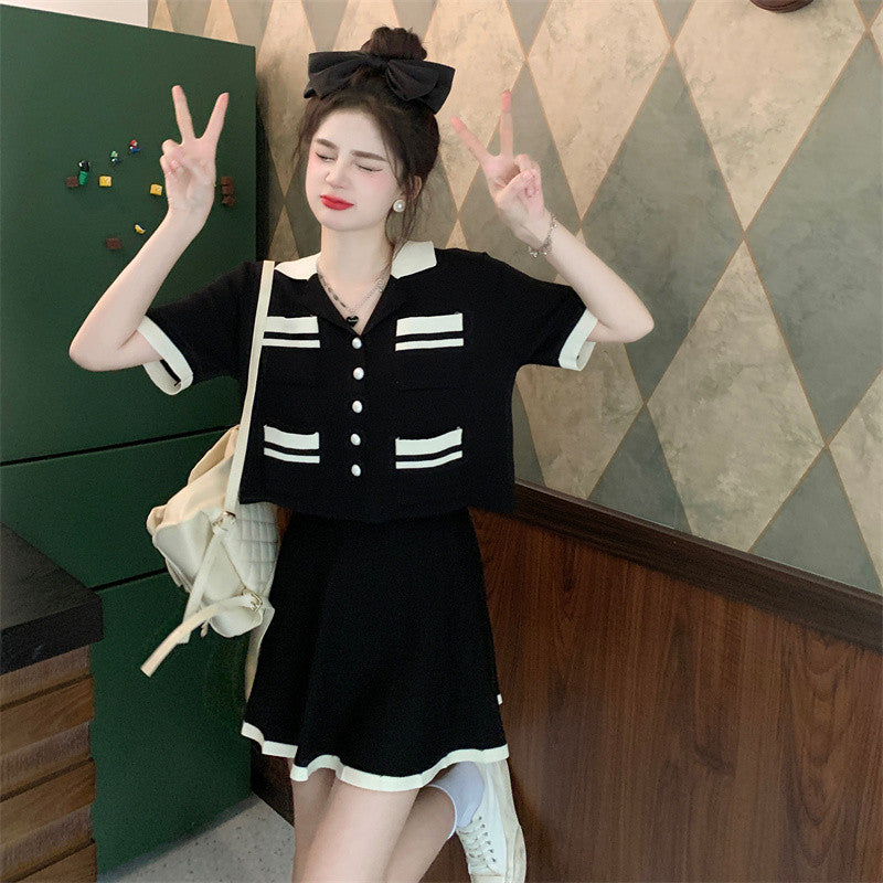 B3106L_大码女装夏季胖妹妹小香风针织短袖胖mm套装上衣百褶半身裙