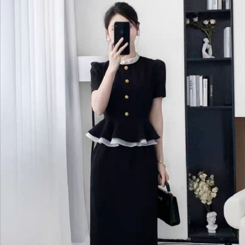 1736L_黑色連衣裙夏修身顯瘦氣質高級感拼接假兩件法式裙