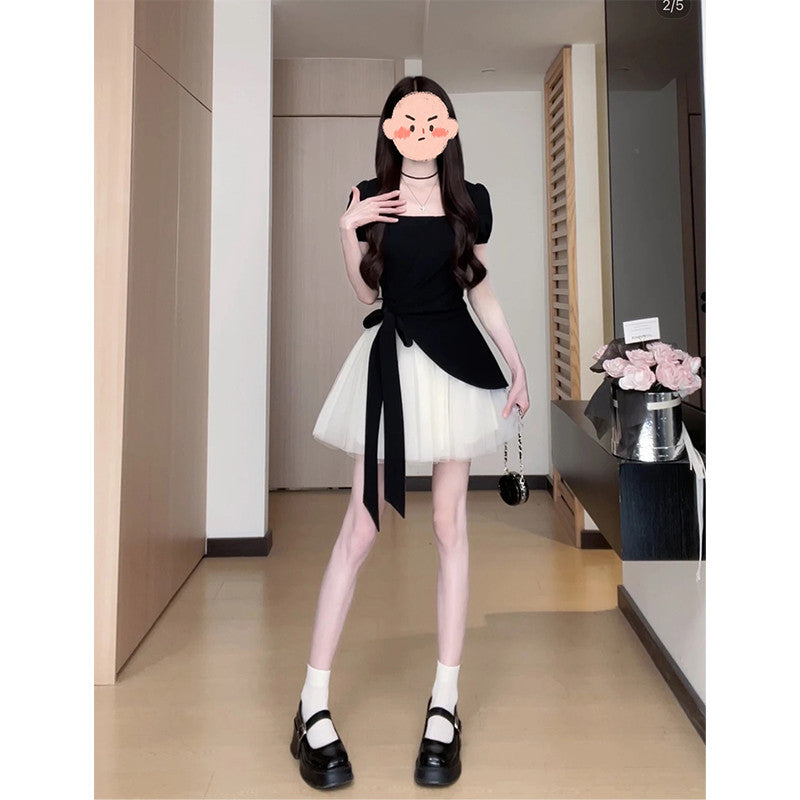 16892L_大碼法式短袖連衣裙女夏季梨形身材垂感長短裙子高級感不規則紗裙