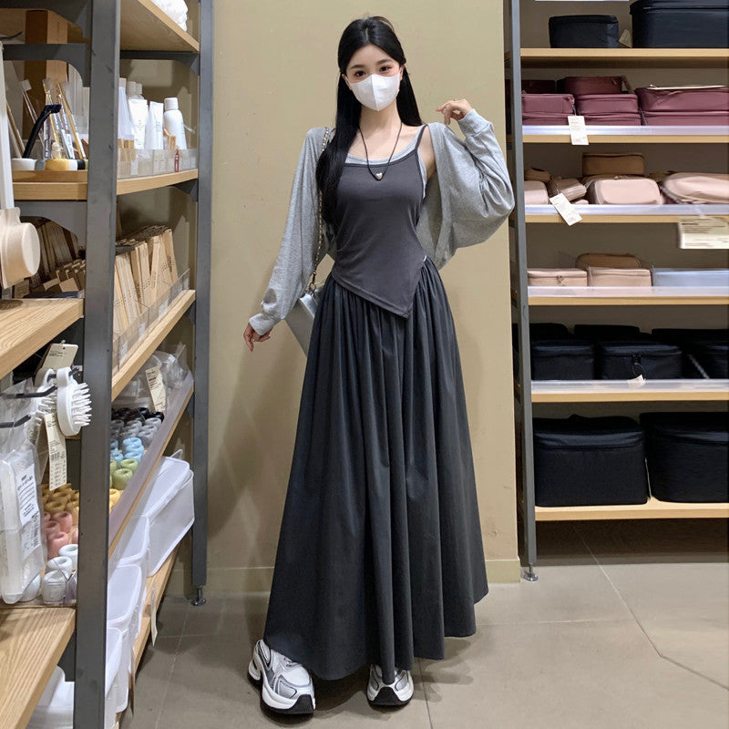 6851L_大碼女裝秋冬新款氣質百搭長袖開衫 拼接假兩件吊帶裙兩件套