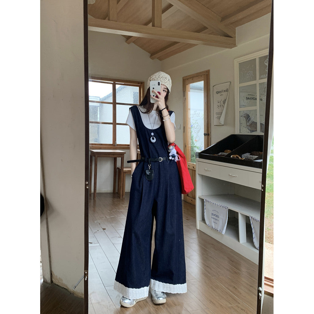 2553L_牛仔背帶褲夏薄款設計感蕾絲拼接顯瘦時尚減齡配腰包闊腿褲三件套