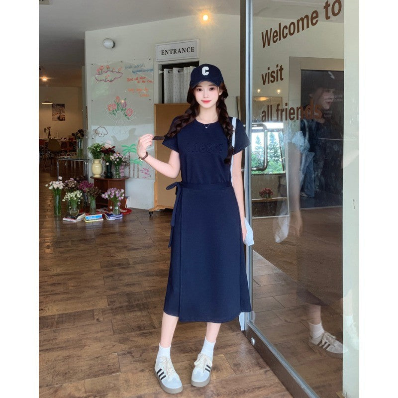 1066L_大碼女裝胖MM顯瘦收腰立體壓花遮肉短袖連衣裙