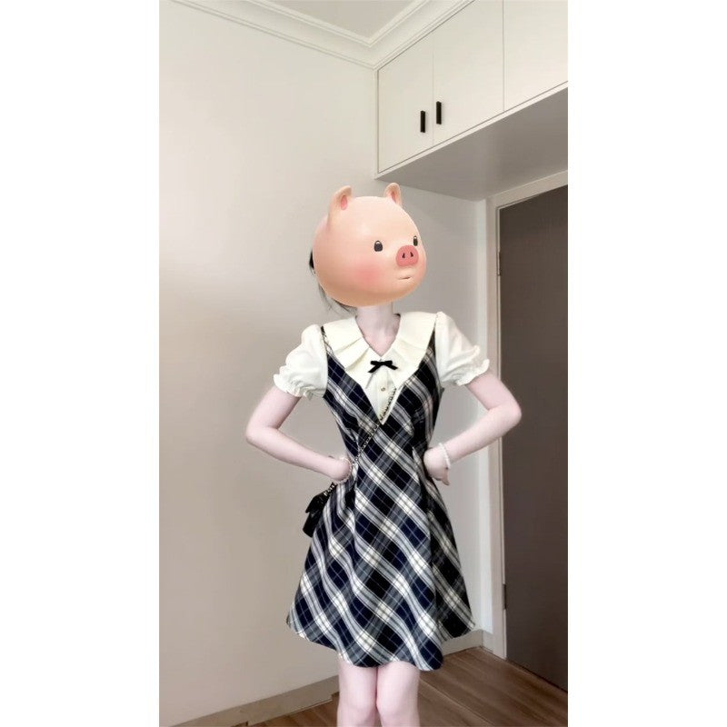 C5L53986L_韓系學院風假兩件格紋連衣裙子女夏季2025新款小個子收腰a字短裙