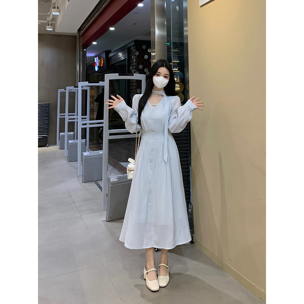 A3155L_大碼女裝氣質溫柔風藍色V領連衣裙女胖MM春季新款裙子