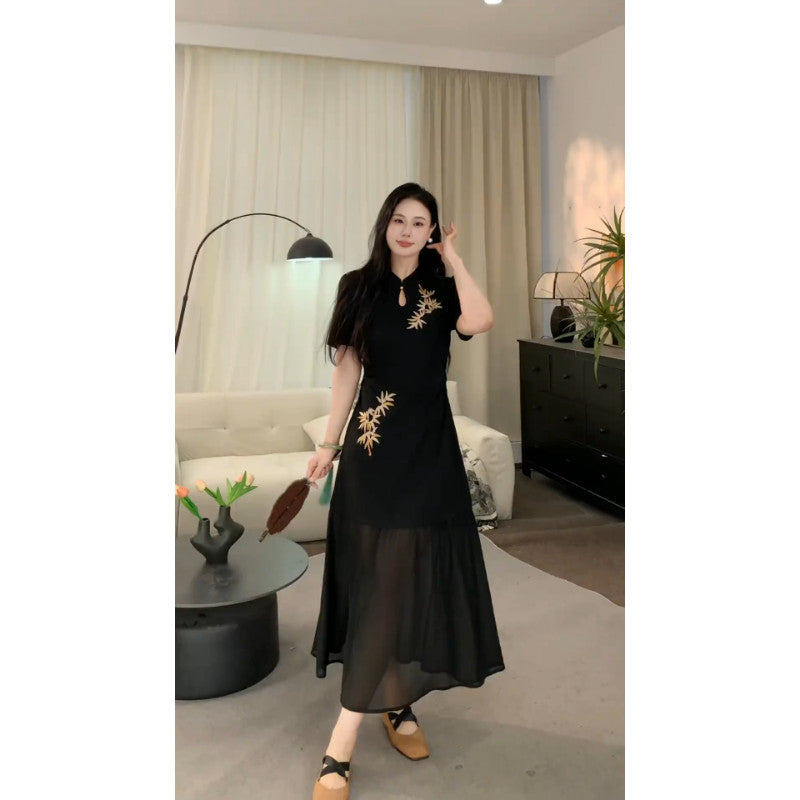 A1908L_墨色竹影蛋妹大碼女裝微胖夏季新中式時尚旗袍連衣裙