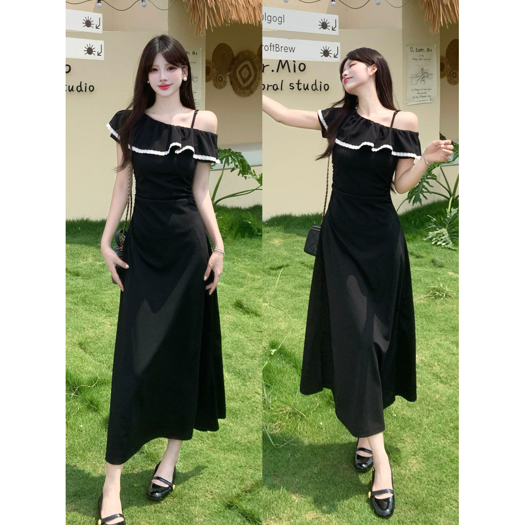1909L_大碼胖mm曼妙舞曲2025夏女裝氣質收腰顯瘦時尚長款黑色連衣裙女