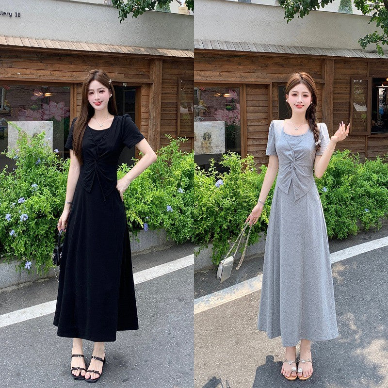80091L_夏季新款胖mm大碼扭結設計感法式連衣裙假兩件氣質長裙子