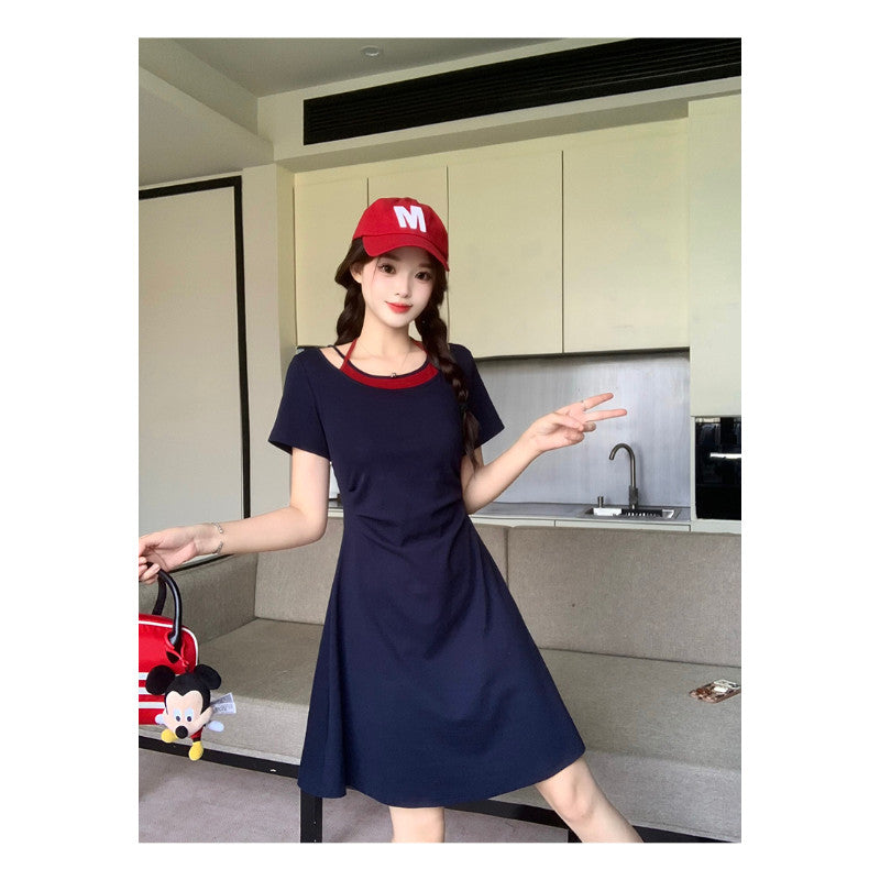 22813L_夏裝新款胖mm大碼女休閒氣質假兩件長短款修身顯瘦連衣裙