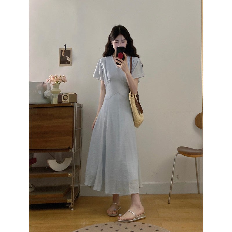 8687L_大碼法式茶歇時尚V領連衣裙女2025新款綁帶收腰顯瘦長款裙子