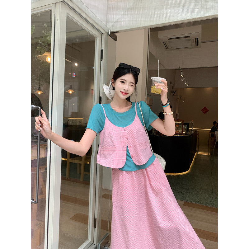 21778L_夏裝新款胖mm大碼女鹽甜系穿搭吊帶短袖半身裙三件套