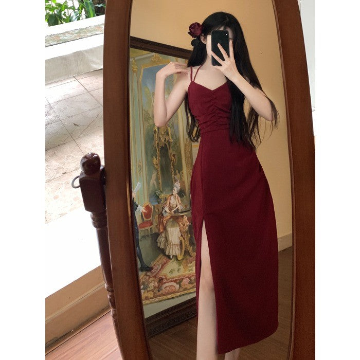 A6877L_大碼女裝胖mm法式性感顯瘦酒紅色玫瑰吊帶連衣裙蕾絲開衫兩件套裙