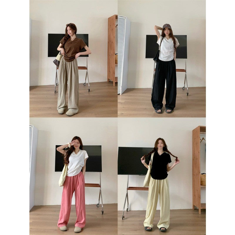 66069L_闊腿褲女夏季速乾薄款空調褲高腰休閒慵懶風直筒褲