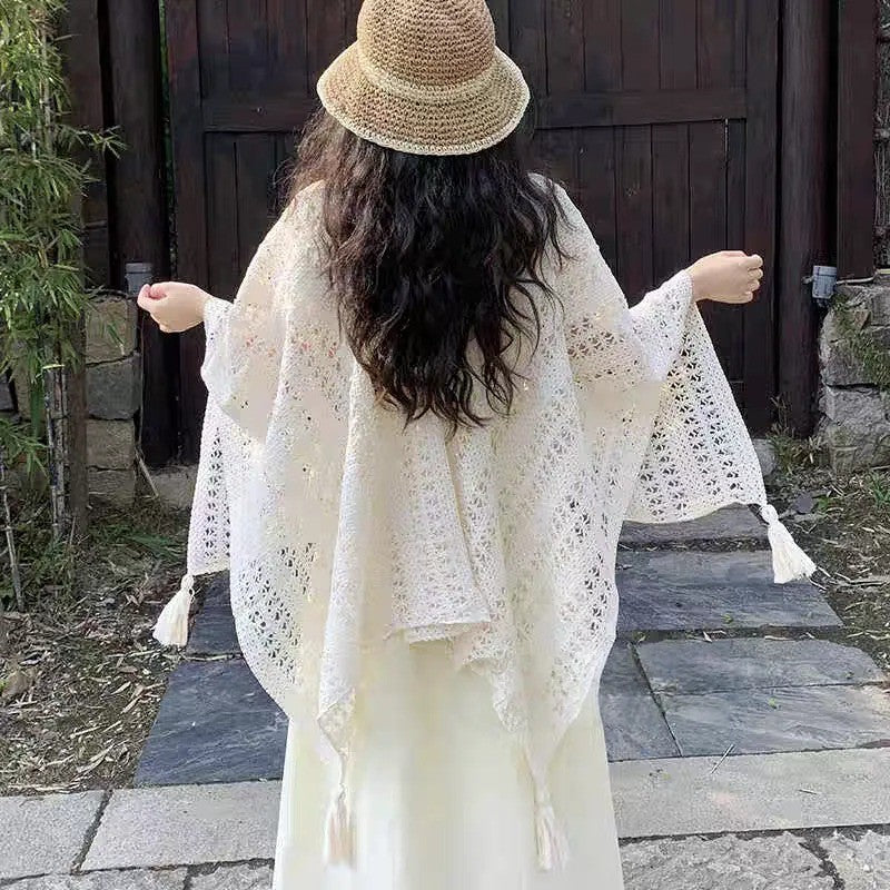 YZ9633L_復古度假鏤空針織披肩流蘇開衫女薄款斗篷春秋裙子民族蕾絲罩衫
